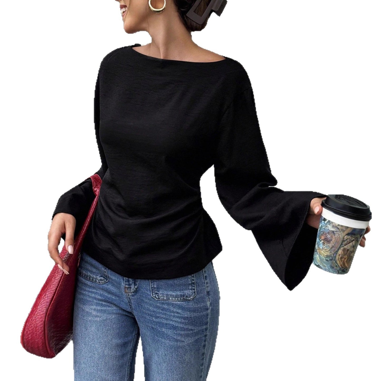 Casual Easy Matching Waisted Boat Neck Personality Street Trumpet Tops
