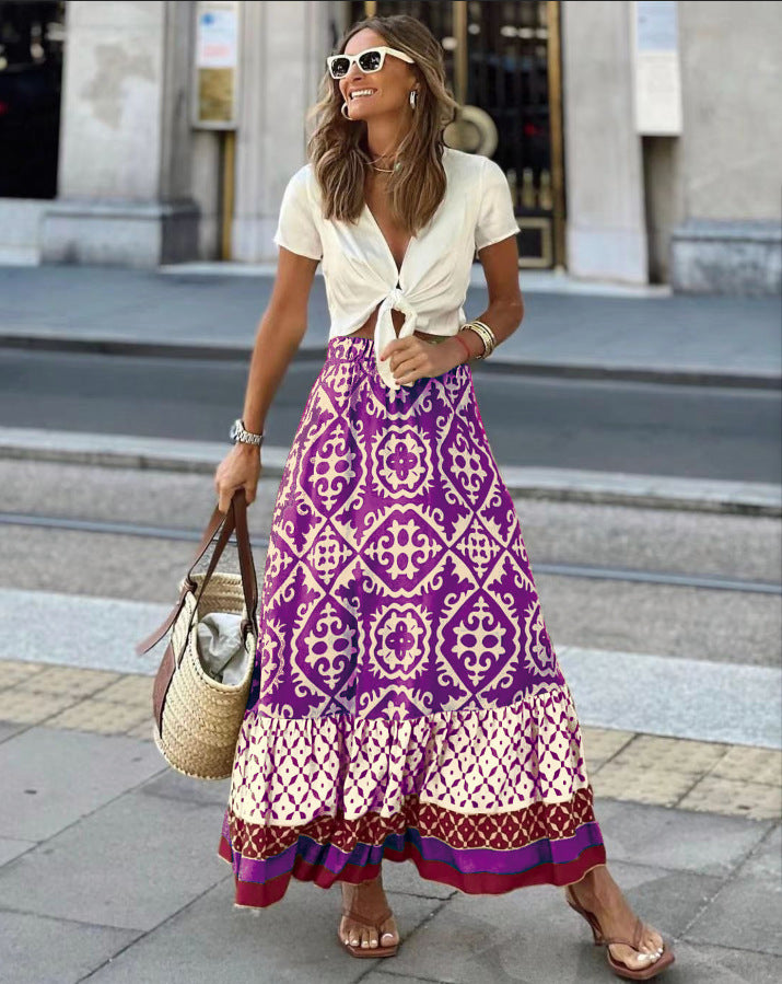 Women's Summer Printed Loose Stitching Large Swing Skirt