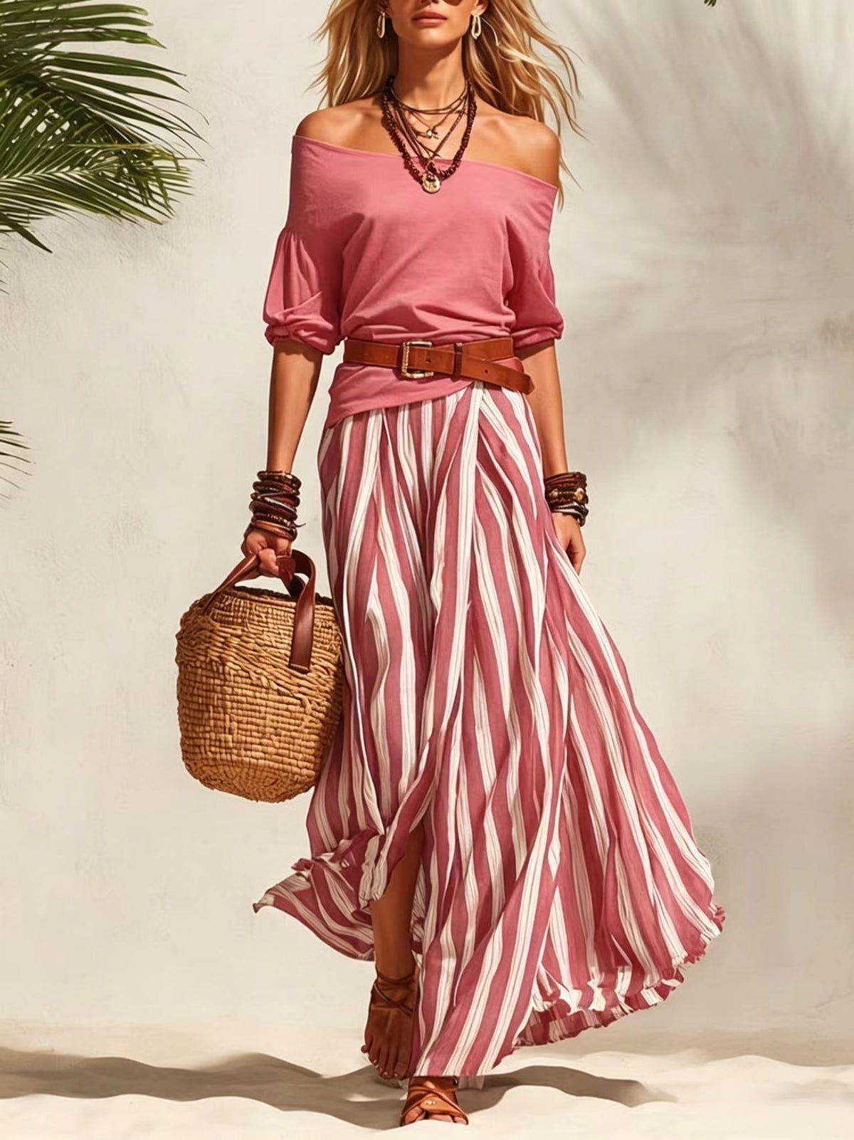 Women's Puff Sleeve Vertical Stripes Draping Striped Fashion Casual Suit