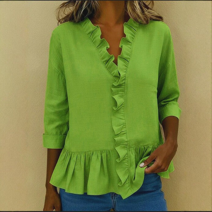 Women's Pure Color Ruffles T-shirt Casual Cropped Sleeves Blouse