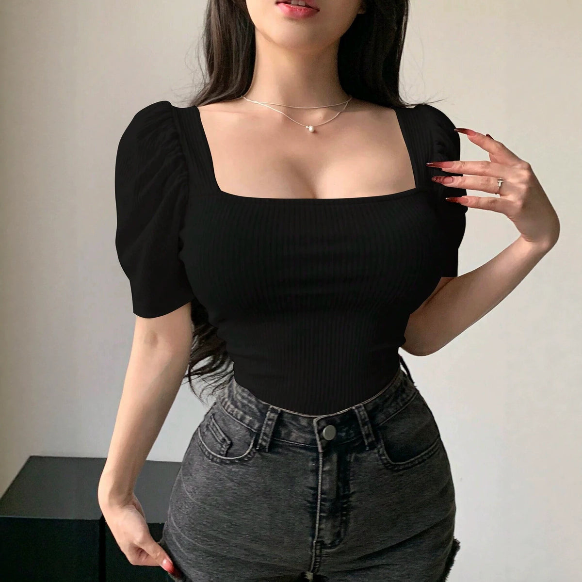 Women's Pure Desire Style Square Collar Puff Sleeve Shirt Summer Hot Shorts