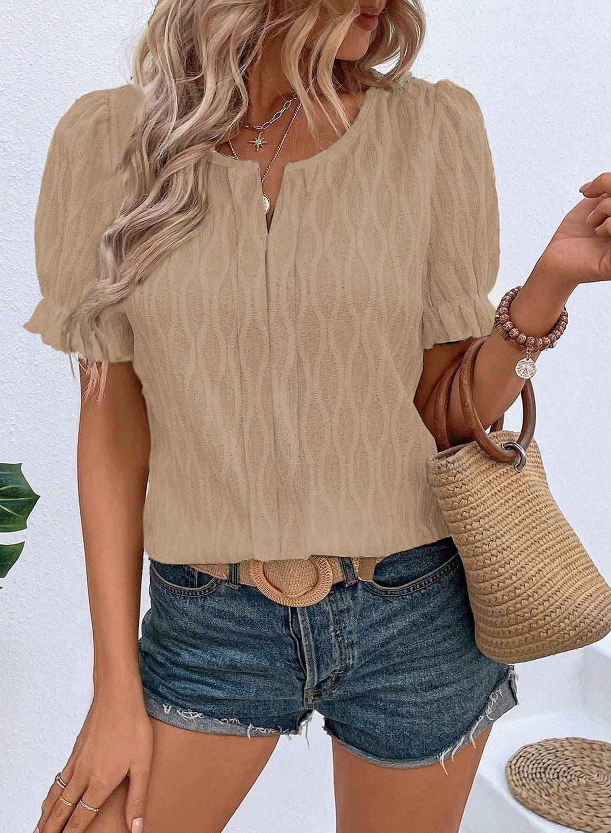 Women's T-shirt Puff Sleeve Jacquard Casual Loose Lace Shirt, Chiffon Shirt