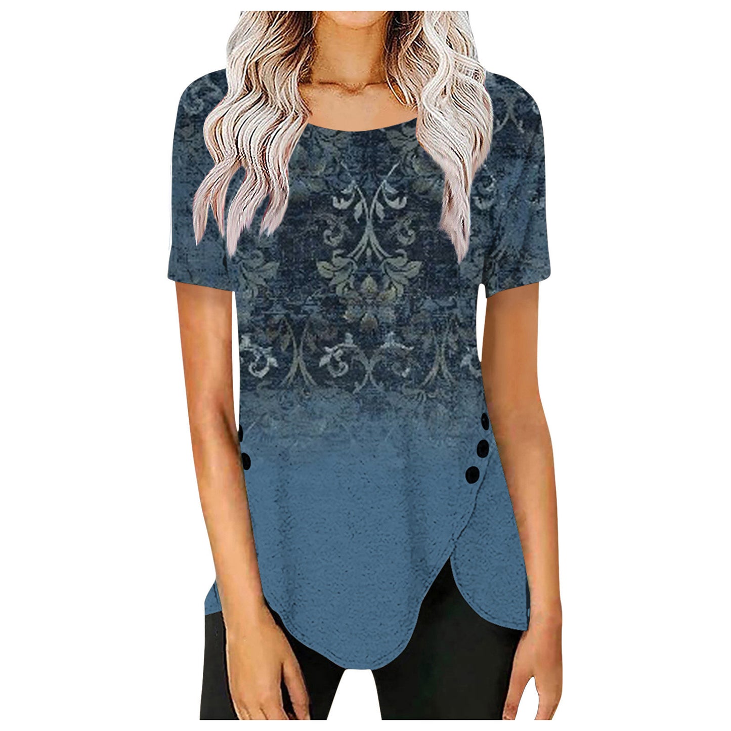 Women's Retro Button Gradient Printing Round Neck Shorts