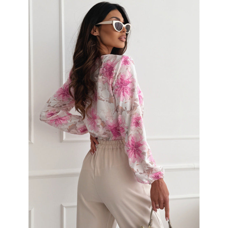Graceful Creative Women's Simple Printed Long-sleeved Lace Shirt, Chiffon Shirt