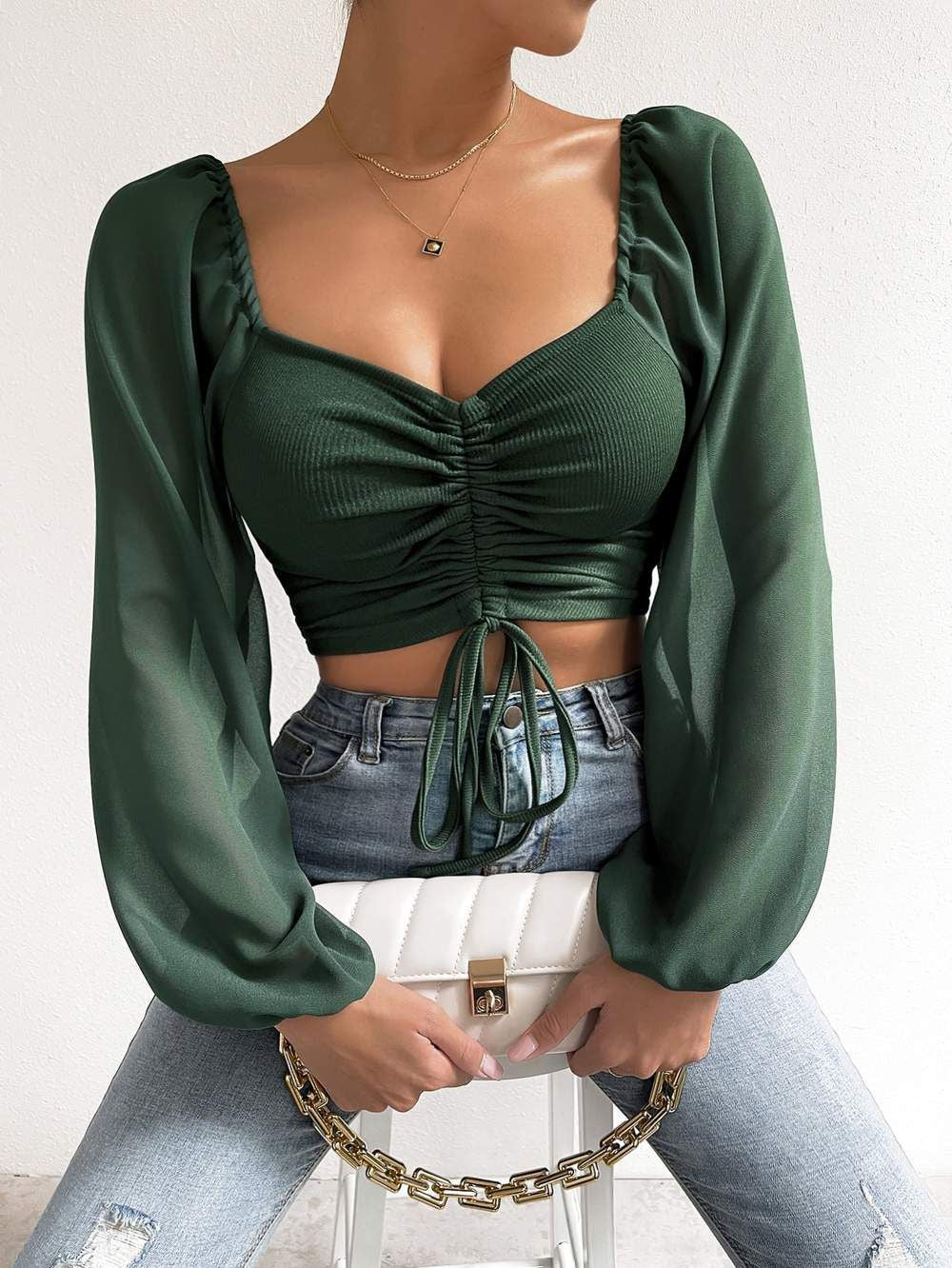 Women's Summer Chiffon Drawstring Lantern Sleeve Skinny Fashion Tops