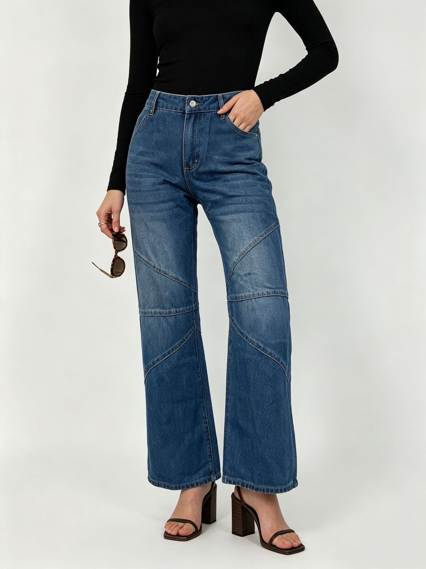 Women's Fashionable Pleated Washed High Street Straight Women's Jeans