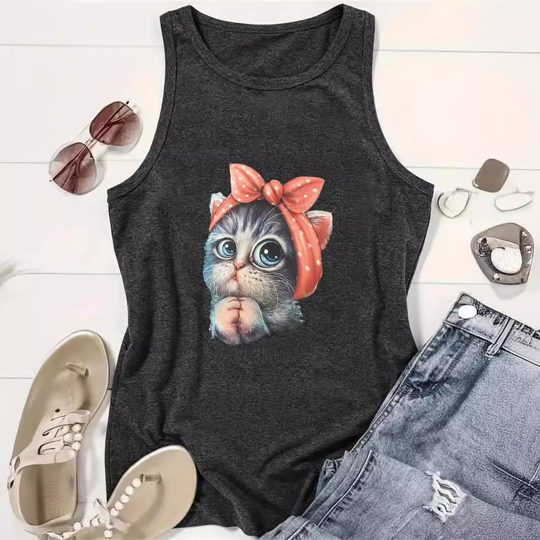 Women's Cat Printing Round Neck Casual Sleeveless Small Vest/suspenders/tube Top