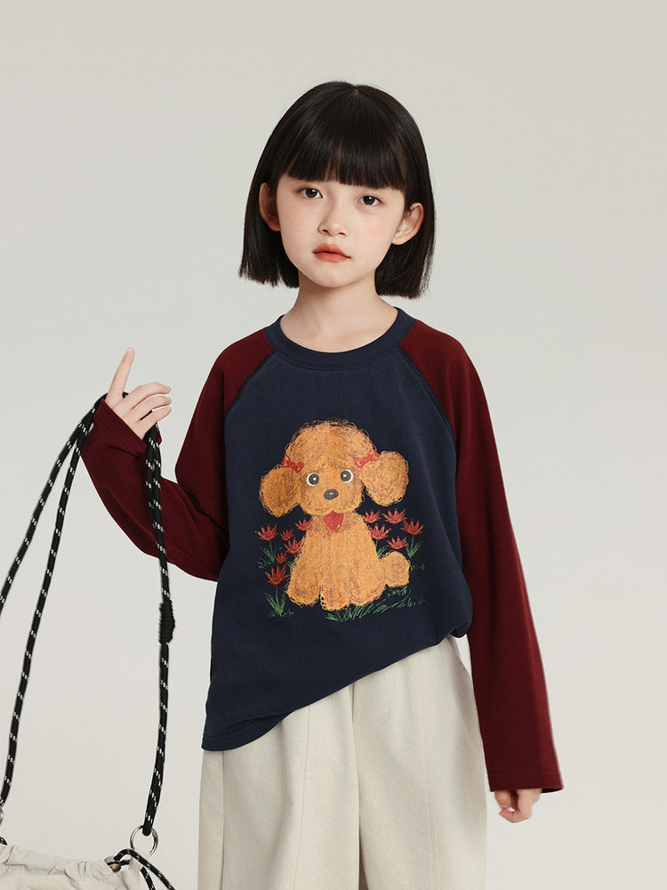 Children's Pudding Long-sleeved Cartoon Printed Raglan Sleeve Children's T-shirt