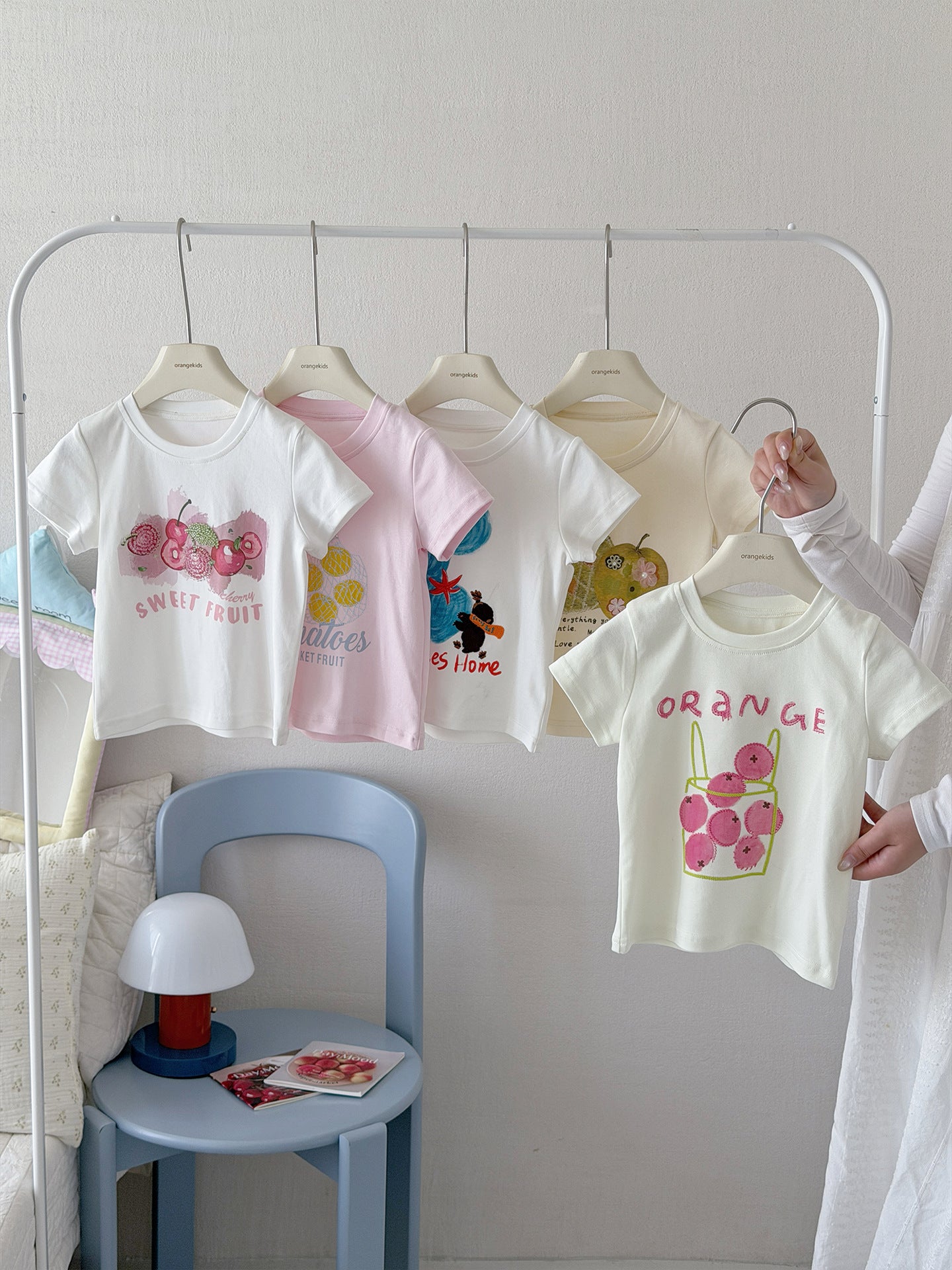 Children's Tide Cotton Short-sleeved Summer Fruit Spray Printing Pearl Embroidery Tops Children's T-shirt