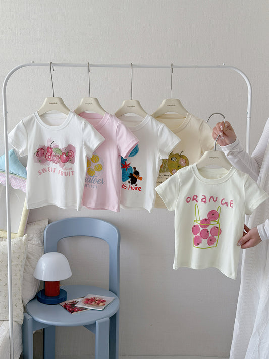 Children's Tide Cotton Short-sleeved Summer Fruit Spray Printing Pearl Embroidery Tops Children's T-shirt