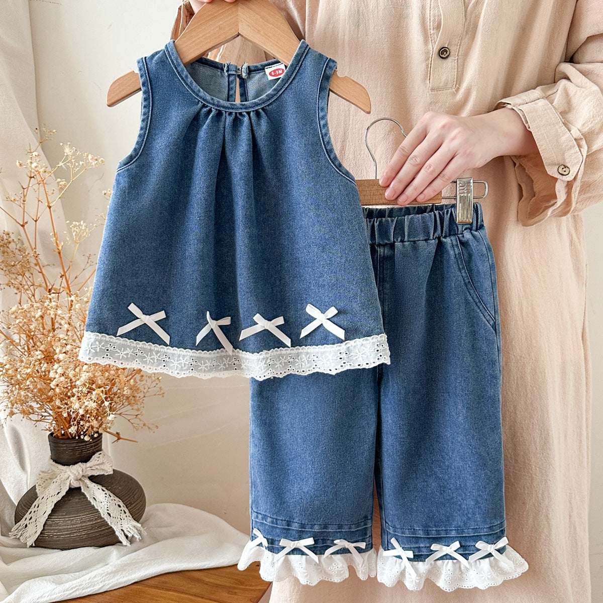 Clothes Western Style Doll Type Sleeveless Denim Stitching Lace Ruffle Children's Suit