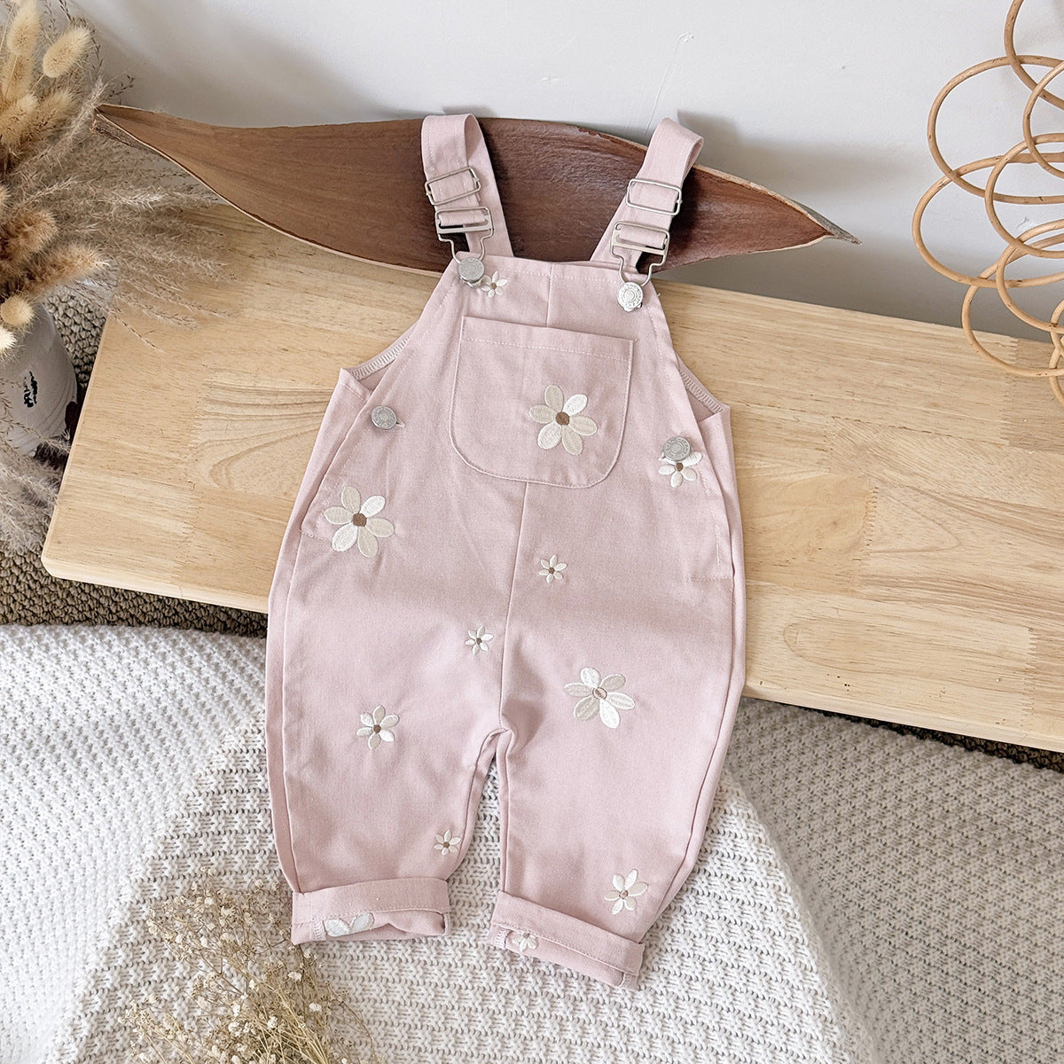 Jumpsuit Korean Style Fashion Suspender Flower Embroidered Casual Children's Pants