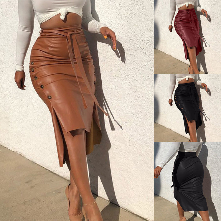 Durable Women's Leather Slit Mid-length Sheath Skirt