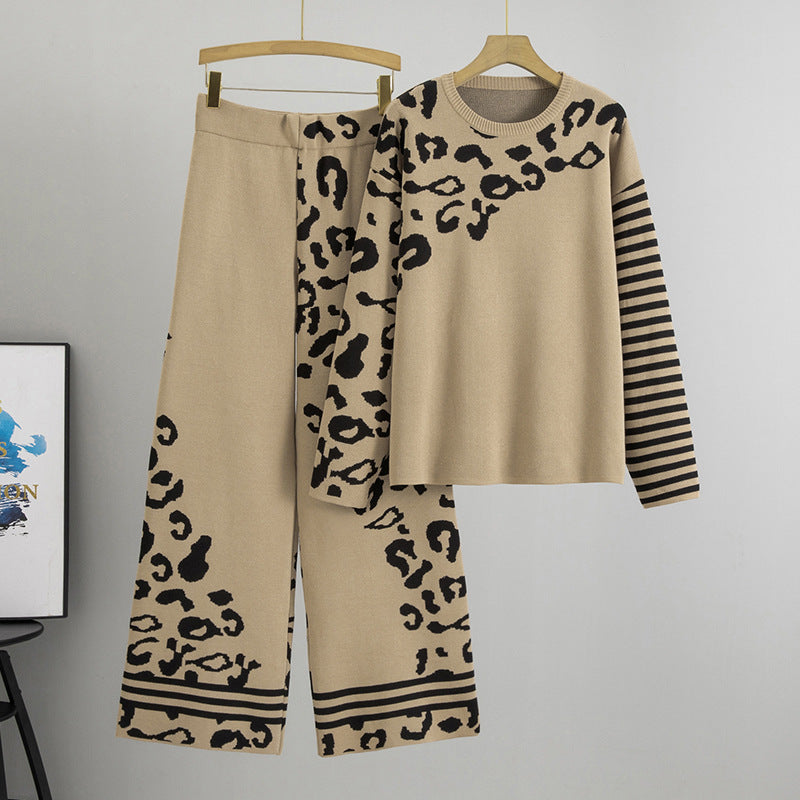 Women's Two-piece Set High Sense Loose Leopard Sweaters