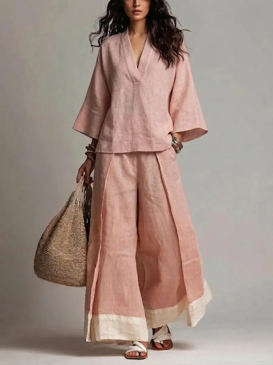 Women's Cotton Linen French Style Three-quarter Sleeve Shirt Contrast Color Suits