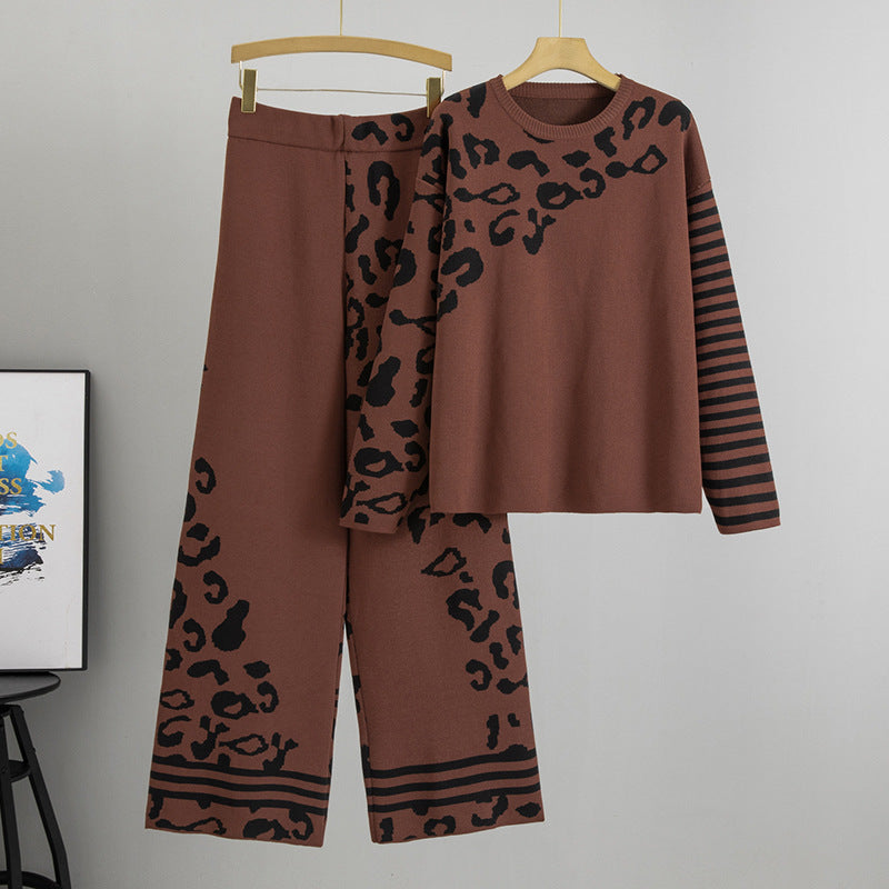 Women's Two-piece Set High Sense Loose Leopard Sweaters