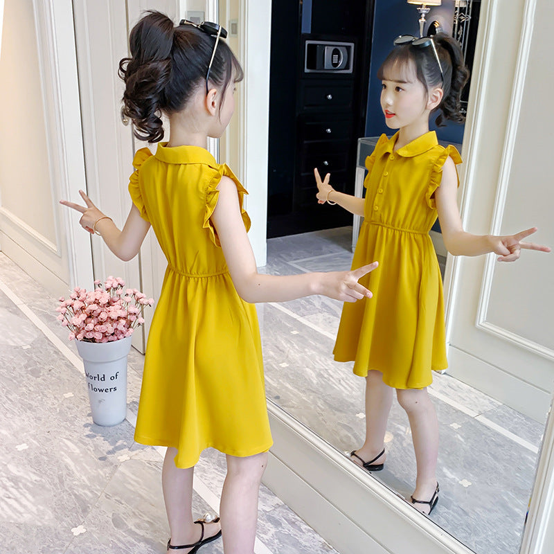 Children's Fashionable Solid Color Polo Collar Wooden Ear Teens Children's Dress