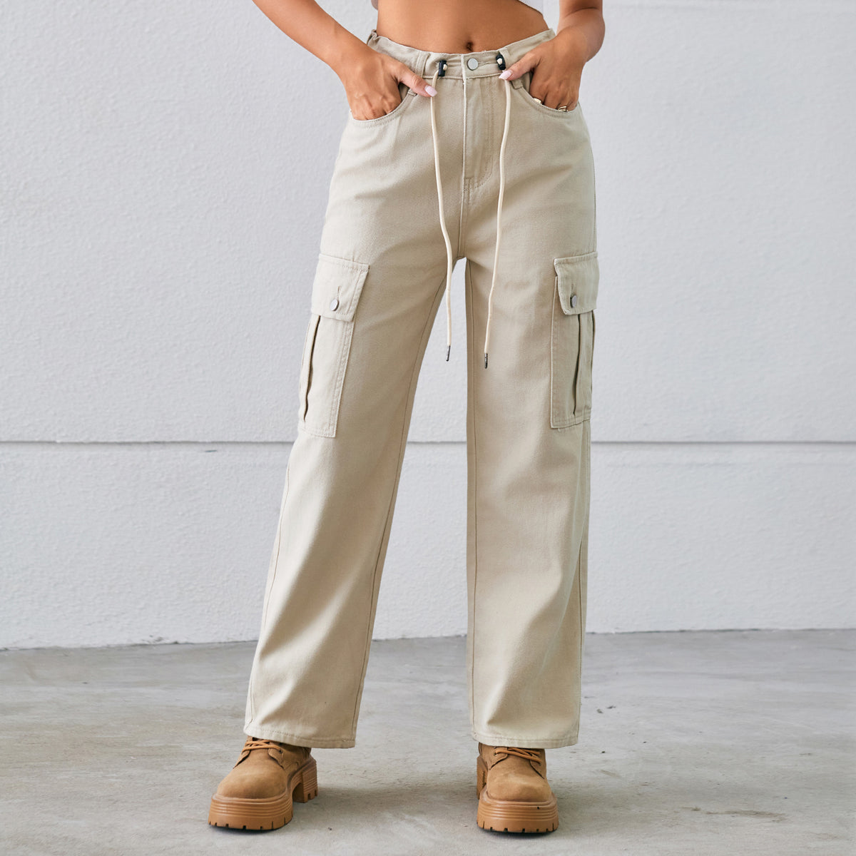 Women's Denim Drawstring Adjustable Washed Cargo Trousers Casual Pants