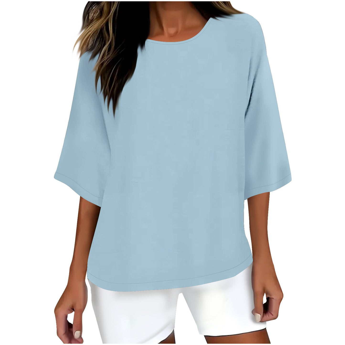 Women's Three-quarter Sleeve Round Neck Cotton Linen Blouse