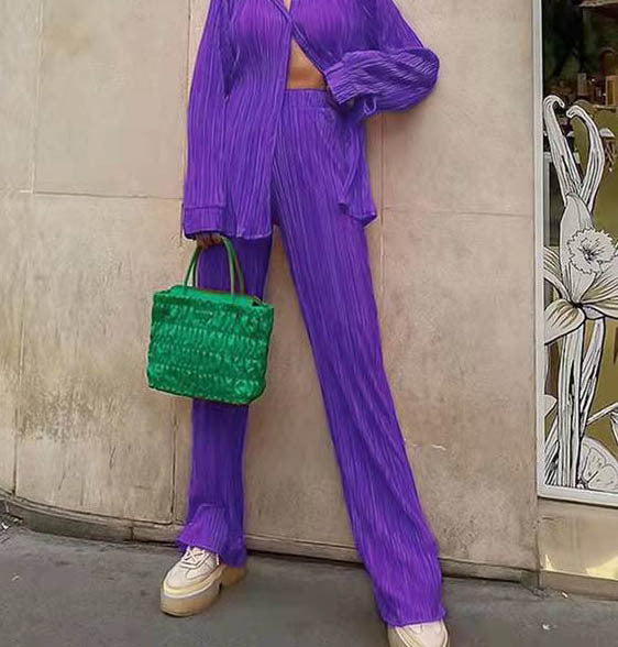 Solid Color Texture Loose Slimming Pleated Casual Pants