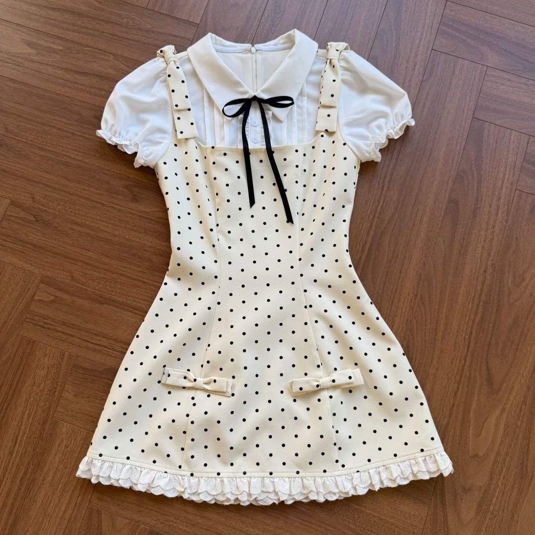 Children's Korean Preppy Style Fake Two-piece Skirts Middle Big Summer Polka Children's Dress