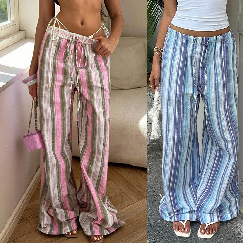 Striped Drawstring Elastic Waist Vacation Style Casual Pants