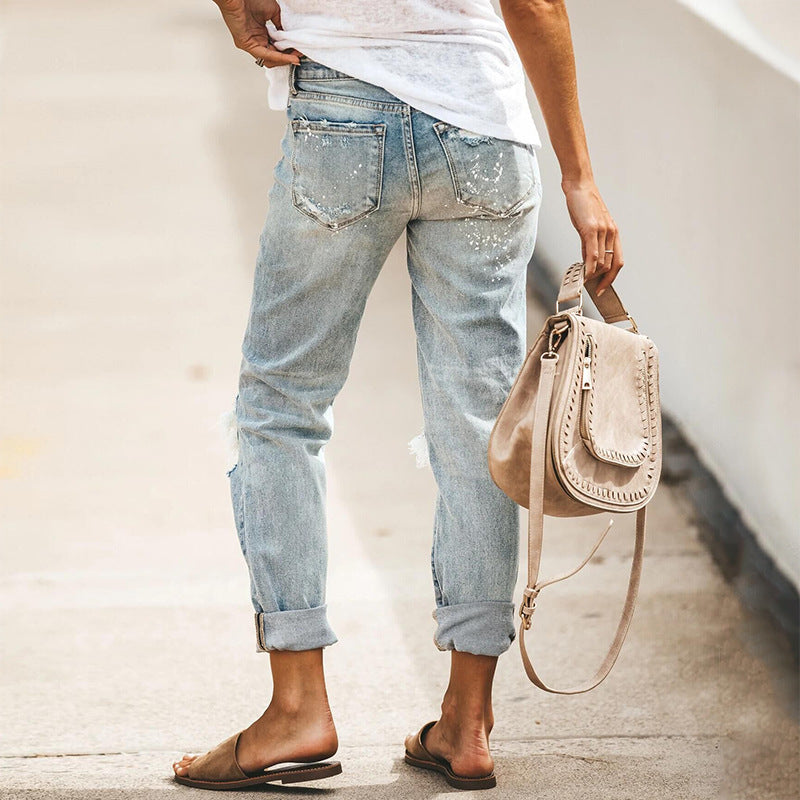 Women's Summer Stretch Water Washed Hole Straight Women's Jeans