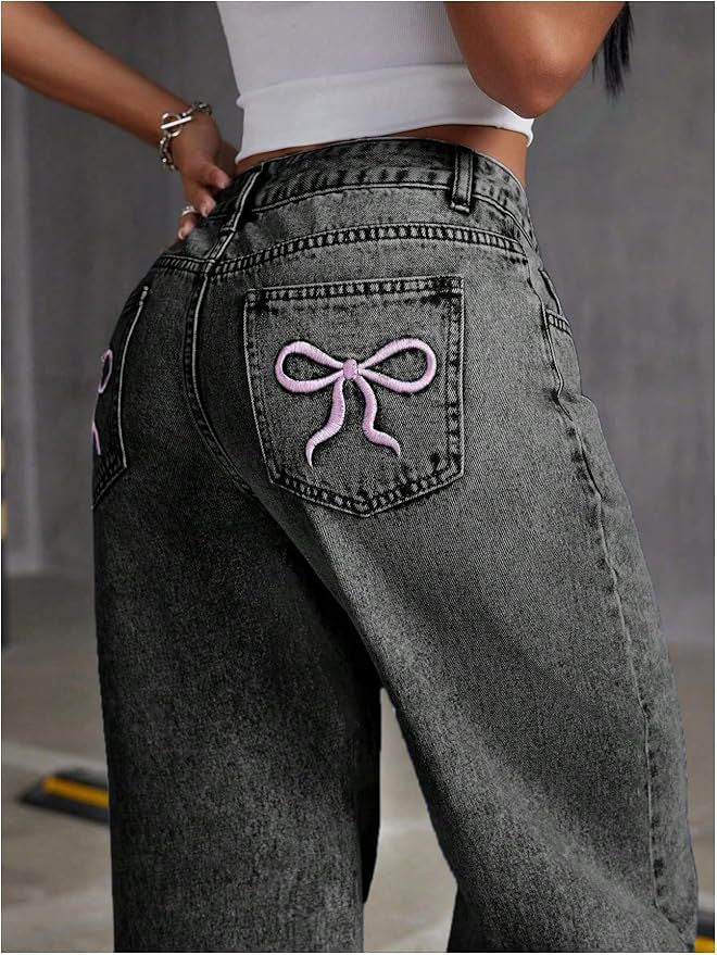 Women's Embroidered High Waist Straight Loose Trousers Women's Jeans