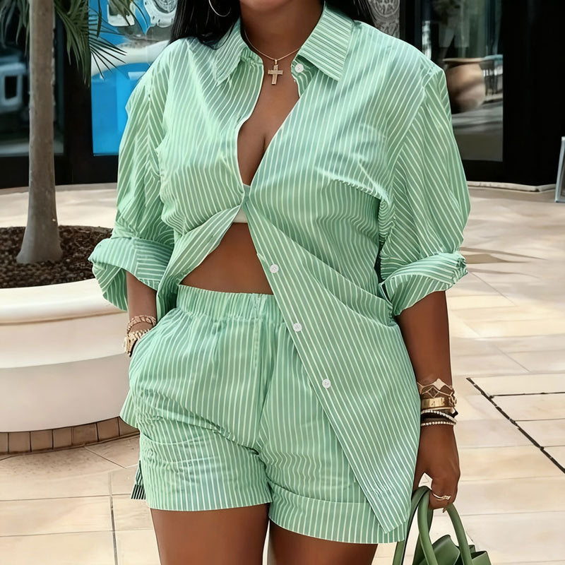 Women's Striped Shirt Outfit Loose Two-piece Set Fashion Casual Suit