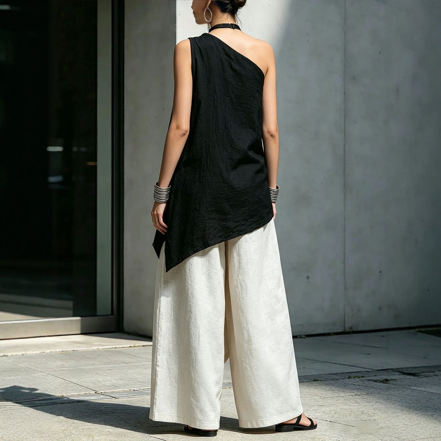 Women's Asymmetric Shoulder Cotton Linen Loose Leisure Tops
