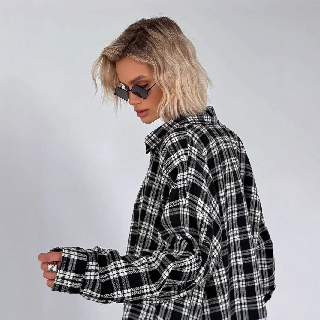 Women's Design Sense Niche American Retro Plaid Shirt Loose Long Blouse