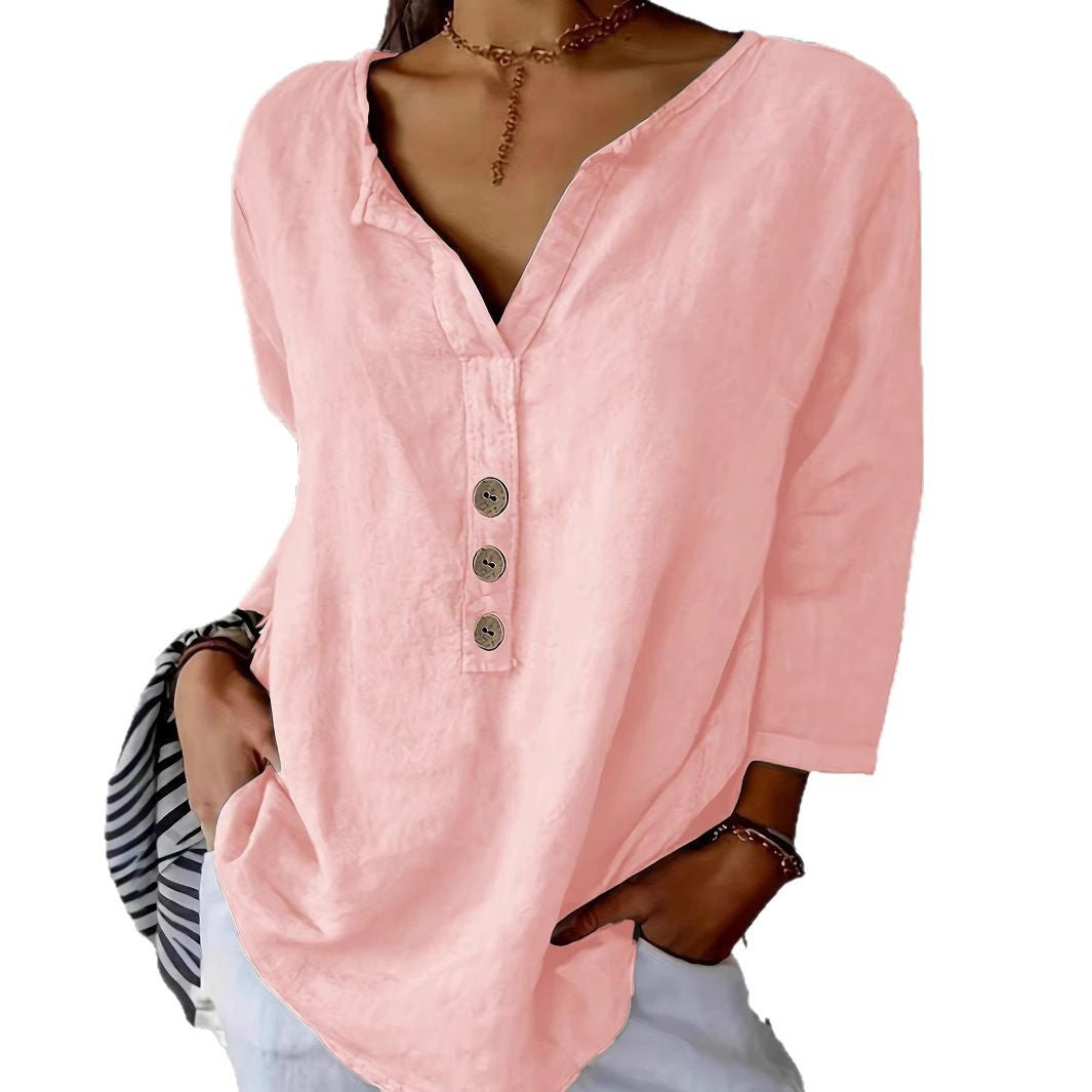 Fashion Ladies Solid Color Notched Collar Shirt Blouse