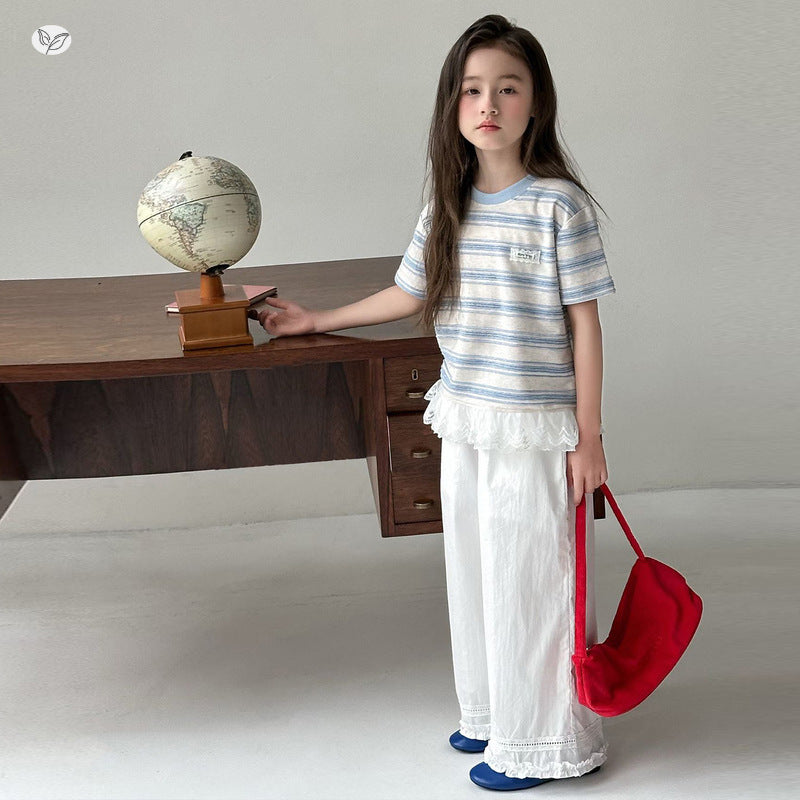 Children's Lace T-shirt Casual Pants Summer Medium Big Striped Contrast Children's Suit