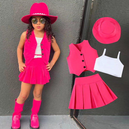 Fashion Single Breasted Vest Camisole Top Pleated Skirt Hat Children's Suit
