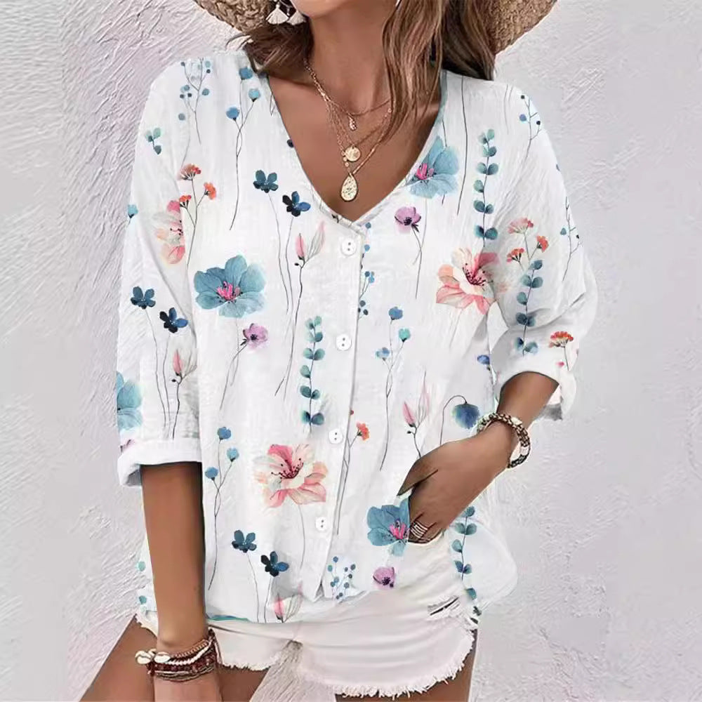Casual Women's Buttons Printed Long Sleeve Lace Shirt, Chiffon Shirt