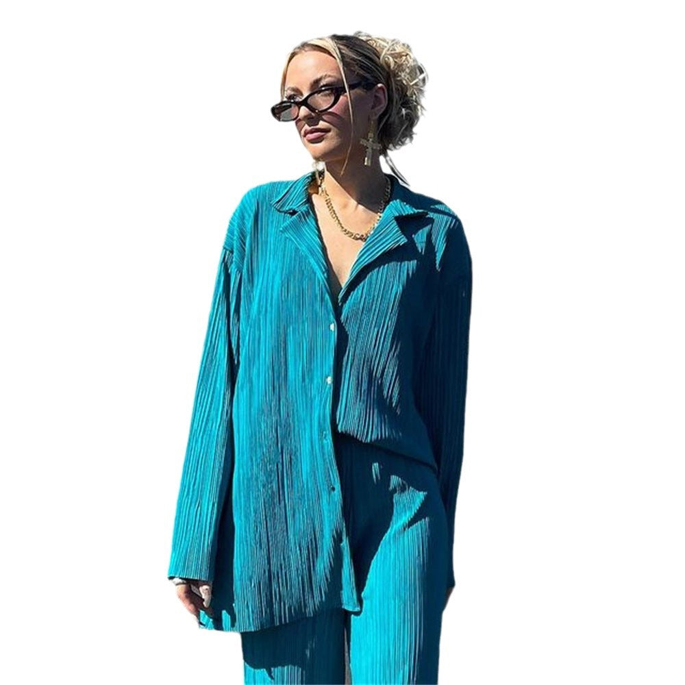 Women's Spring Pleated Design Shirt Outfit Trousers Loose Two-piece Set Fashion Casual Suit