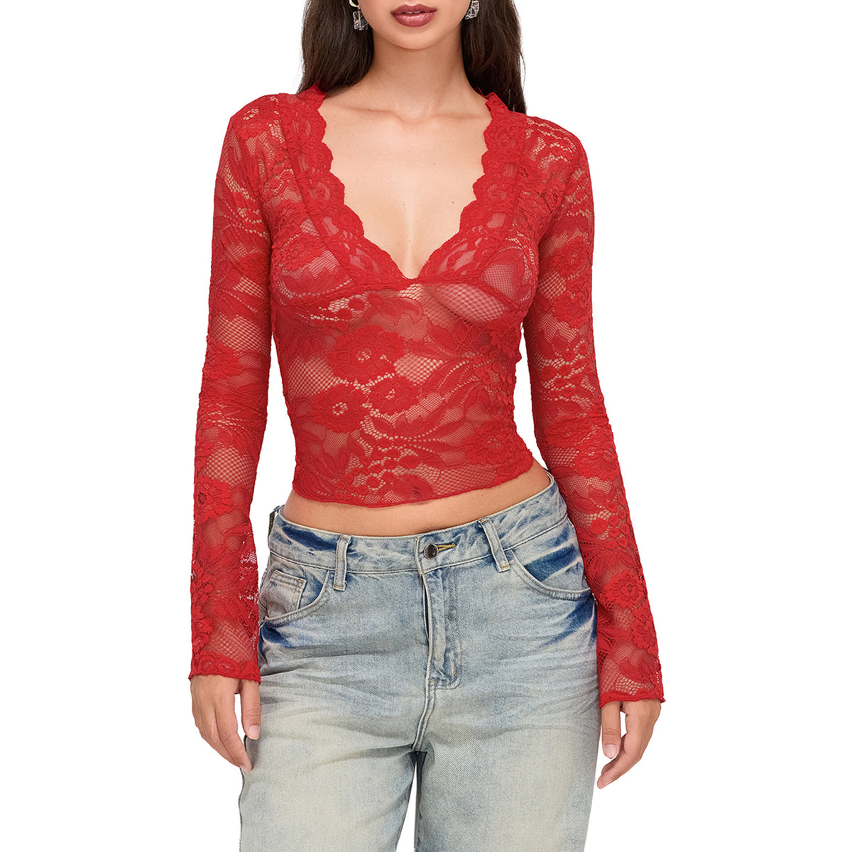 Women's Pure Hot Sexy Deep V Slim Fit Long Sleeve Tops