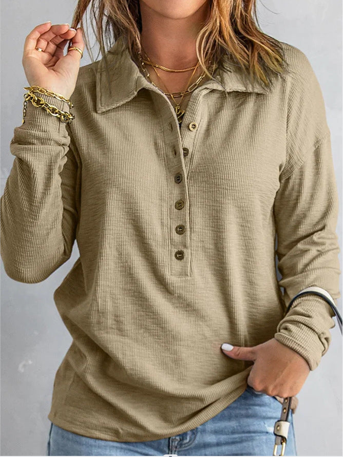 Women's Solid Color Single-breasted Lapel Long Sleeve Loose Casual Women's T-shirt