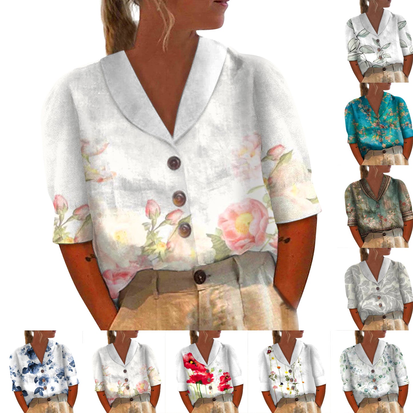 Women's Collar Button Casual Long Half Sleeve Cotton Blouse
