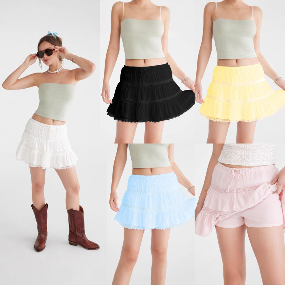 Women's Cute Lace Stitching High Waist A- Line Pleated Loose Skirt