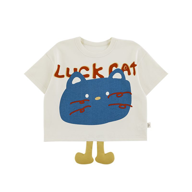 Cat Printing Short-sleeved Contrast Color Loose Shirt Cool Shorts Series Children's T-shirt