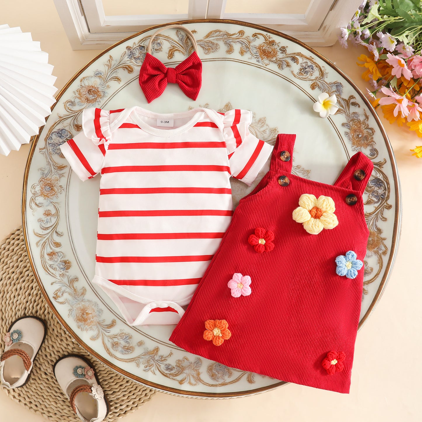 Summer Sweet Striped Knitted Short Sleeve Children's Suit