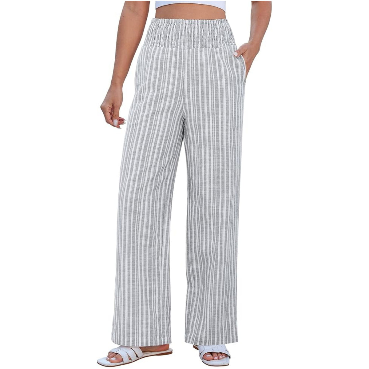 Women's Striped Loose Smocking High Waist Casual Pants