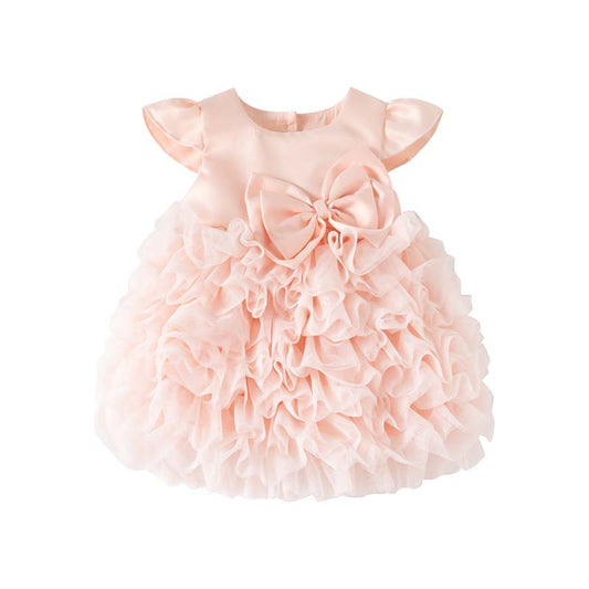Summer Mesh Bubble Skirt Pink Large Bow Flounced Sleeve Days Children's Dress
