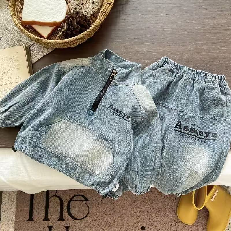 Children's Autumn Half Zipper Denim Hoodie Leisure Children's Suit