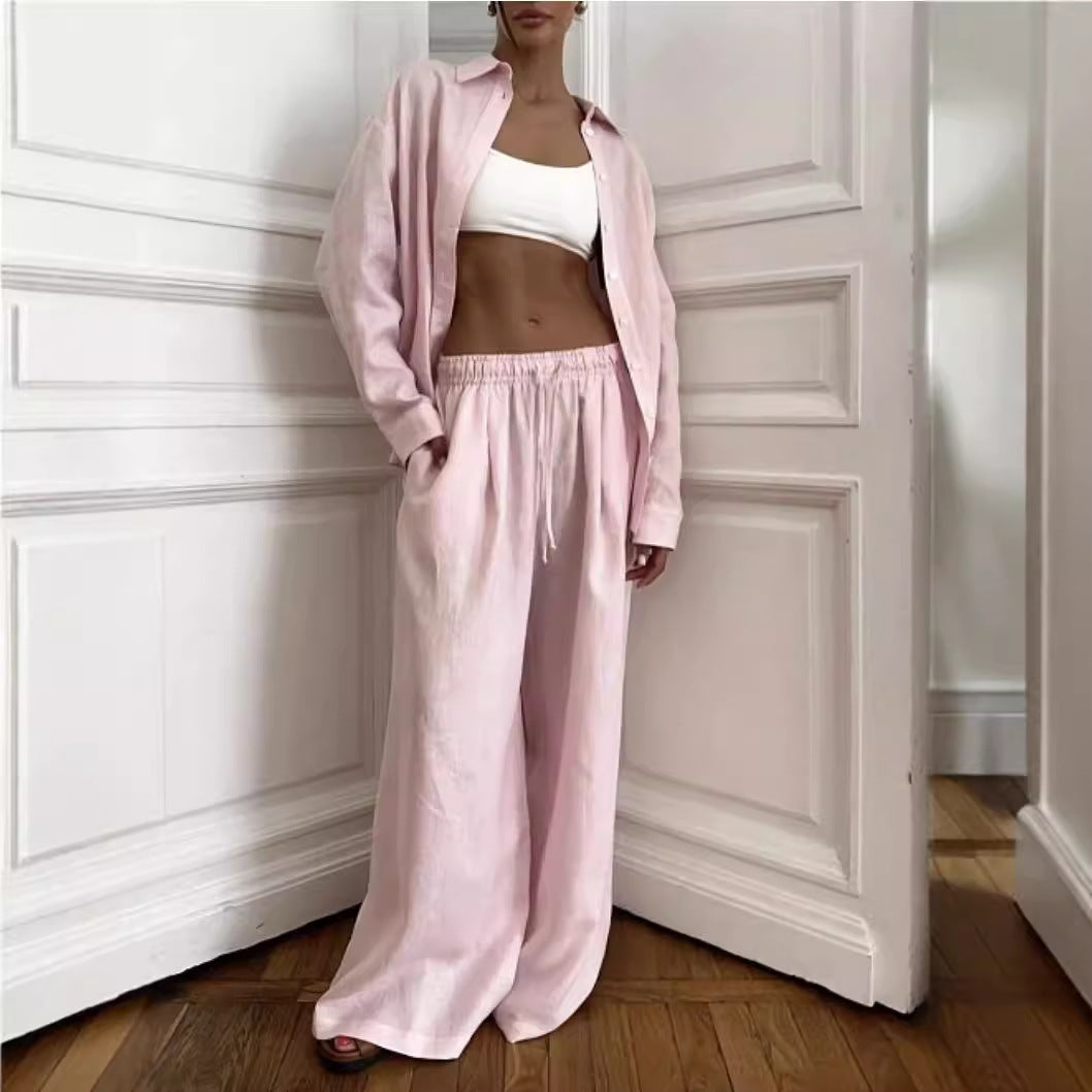 Lazy French Loose Pink Cotton Shirt Long Fashion Casual Suit