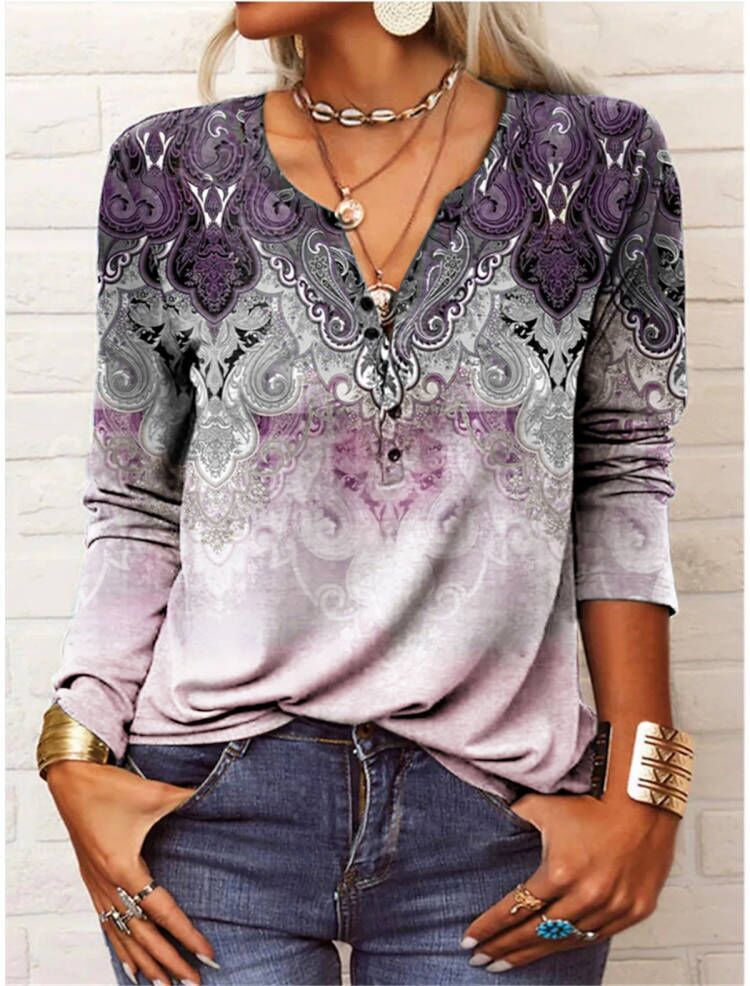 Popular Women's Long-sleeved Printed Ethnic Fashion Women's T-shirt