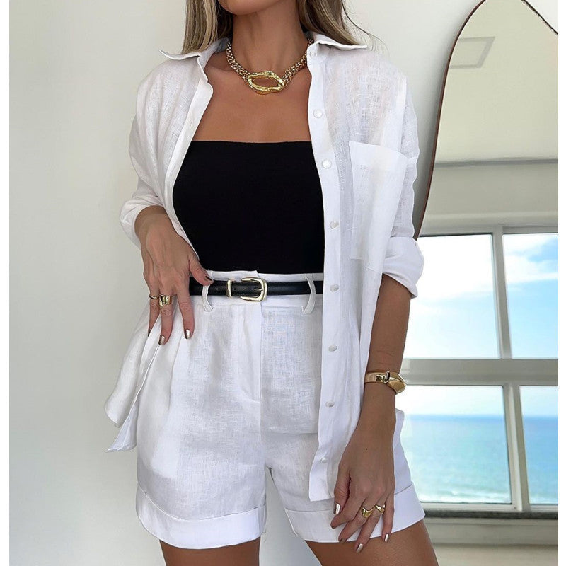 Women's Solid Color Long Sleeve Shirt Belt Fashion Casual Suit