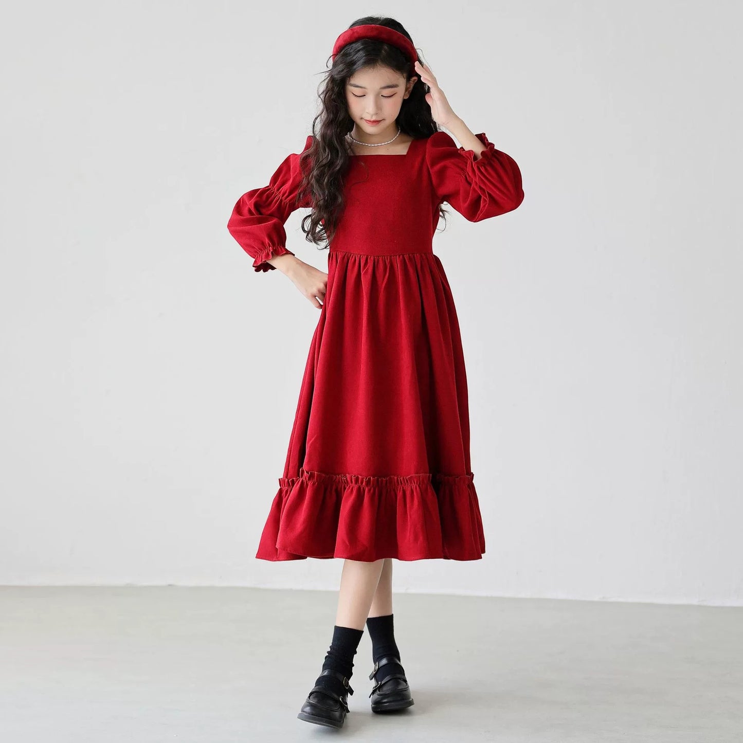 Children's Autumn Clothes Princess Square Collar Red Fashionable Children's Dress