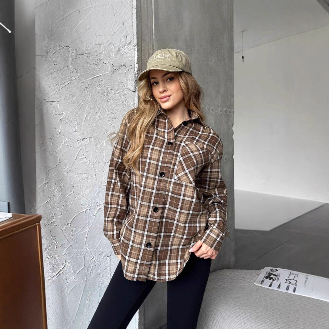 Women's Shirt Fashionable Plaid Mid-length Casual Temperament Tops